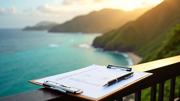 A professional checklist for choosing a Hawaii property management company, overlooking a beautiful Oahu landscape.
